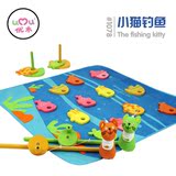 性木制宝宝玩具益智戏水儿童亲子互动生日礼物立体小猫钓鱼玩具磁