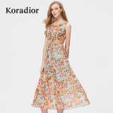 Koradior/珂莱蒂尔正品夏季韩版网纱无袖修身印花蕾丝连衣裙长裙