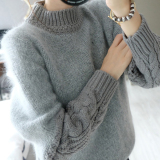 2015女秋冬韩版毛衣短款麻花袖打底衫半高领兔毛毛衣套头女加厚潮