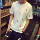 男孩很忙韩版修身刺绣小人男装短袖T恤圆领纯色个性体恤潮牌上衣