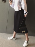 韩国春夏气质简约竖条纹压条黑色直筒长款针织半身裙百褶裙长裙女
