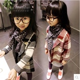 韩版2015秋冬季新款女童欧美风大牌格子针织风衣外套羊绒外衣开衫
