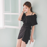 韩国代购2016夏装新款性感气质一字领露肩条纹衬衫裙不规则连衣裙