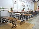 美式乡村复古铁艺实木餐桌创意车轮休闲咖啡酒吧长方形餐桌椅组合