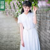 红念文艺刺绣白色连衣裙短袖 2016夏季新款女装中长款收腰A字裙子