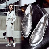 香港代购2016秋新款银色高跟单鞋厚底一脚蹬女鞋松糕跟平底透气鞋