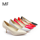 MF社交女鞋品牌OL正装性感纯色尖头单鞋女漆皮浅口细跟中跟单鞋子