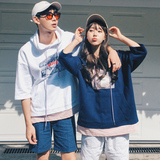 情侣装日韩版宽松短袖男女青少年连帽卫衣假两件拼接个性上衣学生