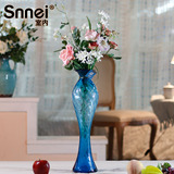 高品质蓝彩色地中海摆设大码号玻璃透明插花瓶欧式仿真花套装假花