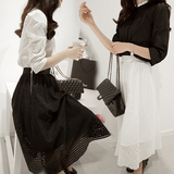 2016春夏新款宽松五分袖衬衫上衣蕾丝裙两件套韩版雪纺显瘦套装女