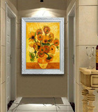 日葵餐厅装饰画玄关客厅有框画 欧式名画花卉手绘竖版油画梵高向