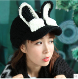 韩版潮新款兔耳朵棒球帽女士手工毛线帽子可爱黑色秋冬保暖帽包邮