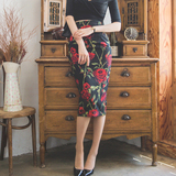 2015韩国时尚复古印花半身裙修身显瘦开叉一步裙气质秋包臀裙子