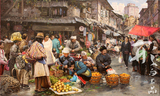 文秀哲《雨后集市》朝鲜人民艺术家 原创油画