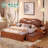 林氏木业新中式卧室成套家具双人床+床头柜+床垫+床尾凳套装BY2A#