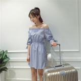 夏季新款韩版女露肩一字领显瘦收腰连衣裙纯色中袖套头短裙+J74