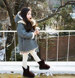 韩国女童呢子外套连帽棉衣羊羔绒风衣中长款秋冬新款2015亲子装