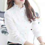大码秋装新款衬衣女韩版修身上衣立领蕾丝雪纺长袖衬衫弹力打底衫