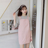 2016春夏季新款韩版欧美粉色学院风减龄背带裙纯色短款连衣裙女装