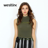 Westlink/西遇2016春季新款 字母流苏无袖半高领针织套头衫女背心