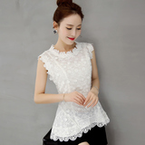 2016夏装新款修身无袖雪纺衫女装夏季韩版白色小衫打底蕾丝衫上衣