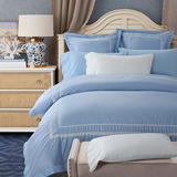 简约纯色欧式真丝贡缎床上用品四件套 全棉床单被套家纺天蓝色4件