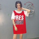 韩国ulzzang夏季女装中长款假两件宽松字母运动短袖t恤学生上衣潮