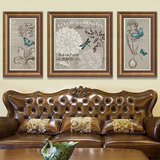 卡农 欧式客厅三联装饰画沙发背景墙壁画 欧式复古蝴蝶花鸟挂画
