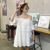 夏季女装韩版小清新一字领露肩蕾丝拼接宽松休闲短袖白连衣裙学生