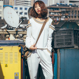 韩版女装2016春秋装运动套装女时尚宽松运动服圆领露肩性感女装潮