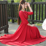 彼得潘大叔真挚情人一支代表爱情的红玫瑰优雅V领系带连衣裙长裙