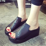 2016韩版日常纯色一字型高跟坡跟女凉鞋PU聚氨酯防水台拖鞋