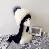 海宁皮革城2015女款进口水貂帽子 甜美可爱球球真皮帽 米白色帽子