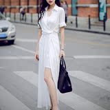 2016波西米亚衬衫连衣裙女装夏白色长款显瘦褶皱短袖雪纺沙滩裙仙
