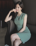 韩国进口正品代购 2016春款优雅气质纯色修身知性连衣裙0301