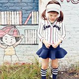 韩国儿童外套女童学院风条纹针织开衫 女大童海军风棒球字母毛衣