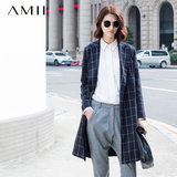 艾米Amii品牌女装旗舰店2015秋装新款大码长款英伦风格子西装外套