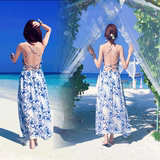 泰国海边度假沙滩裙性感露背修身显瘦印花挂脖雪纺连衣裙夏长裙