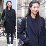 2015冬季女装时装周刘雯明星同款蓝色暗扣长袖外套中长款大衣百搭