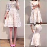 春装新款女装2016韩版圆领五分袖高腰蕾丝连衣裙气质白色显瘦裙子