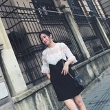 唯美精致2016秋装新款七分袖白色蕾丝拼接小黑裙连衣裙女装中长款