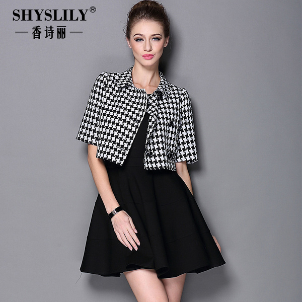 2014欧美高端大牌早秋新款套装连衣裙千鸟格外套加连衣裙两件套
