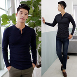 韩国代购男装春季韩版修身圆领男士长袖T恤潮流青年纯色打底衫