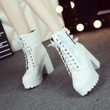 2015新款短靴女春秋高跟粗跟厚底马丁靴白色休闲系带韩版单靴子