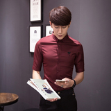 韩国夏装 玫瑰花刺绣纯色男士中袖衬衫 韩版修身五分袖衬衫男