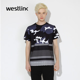 Westlink/西遇2016春季新款 潮迷彩图案宽松短袖套头男士卫衣T恤
