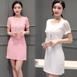 女裙子夏季2016新款韩版大码女装修身显瘦连衣裙时尚短袖a字短裙