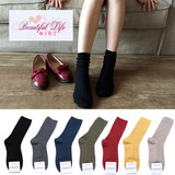 韩国进口袜子女士中筒袜 秋冬款纯棉厚短袜 黑色纯色竖罗纹堆堆袜