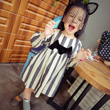 2016韩版春秋女童 新款猫咪贴布条纹长袖连衣裙 儿童宝宝裙装批发