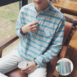 2016秋装新款韩国男生小清晰彩色横条纹长袖休闲百搭衬衫男潮流.